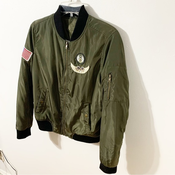 Jou Jou Military Like Aviator Front Zip Bomber Jacket Faux Sherpa Lining Patches - Picture 4 of 15